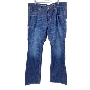 American Eagle Mens low rise boot cut denim jeans size 38x32 dark wash whiskerin